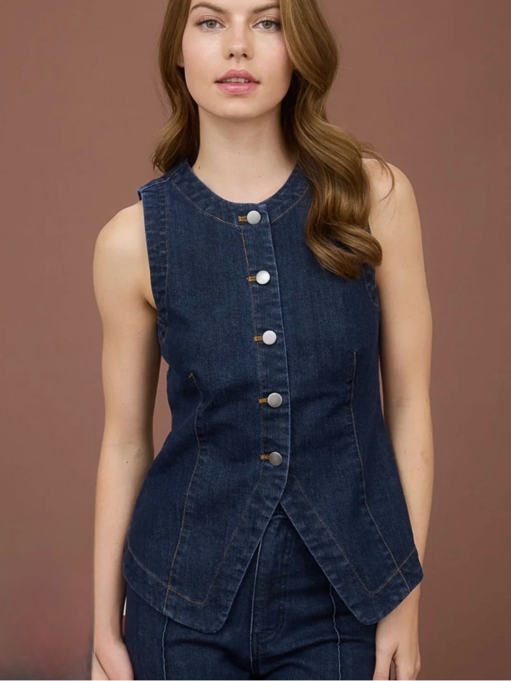 NWT Sleeveless Dark Blue Denim Button-Front Top